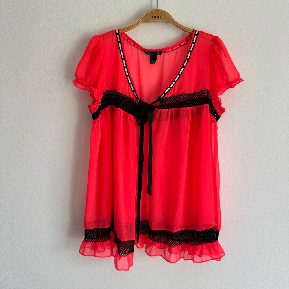 Vintage Y2K Victoria’s Secret Slip Dress Top Baby Doll Front Tie Hot Pink Black